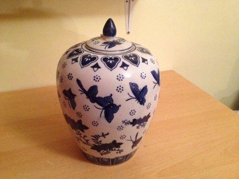 Blue & White Urn-Style Jar with Lid, Butterfly Decoration