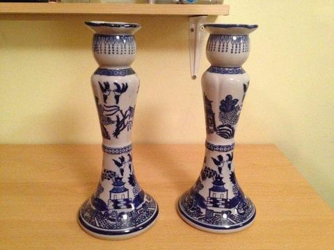 Large Candlesticks in Willow Pattern