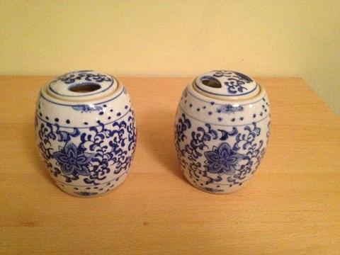 Pair of Unusual Blue & White Chinese-style Small Jars with Lids