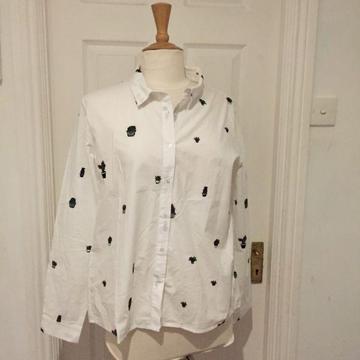 MANGO Ladies Embroidered Shirt White Split-Back Size L UK12