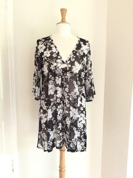 NEXT Dress Black White Floral Knee Length Sheer See-Through Size UK12