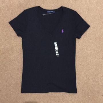 RALPH LAUREN T-Shirt Black Ladies V-Neck Short Sleeved Size L