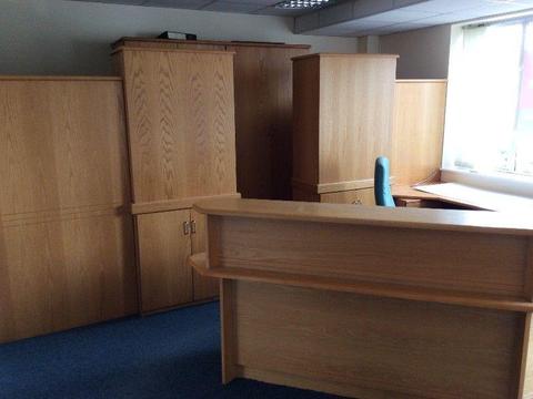 Solid oak reception desk and storage units
