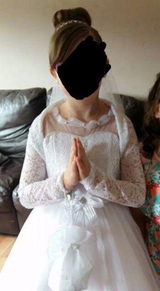 Communion dress, veil, bag and head dress