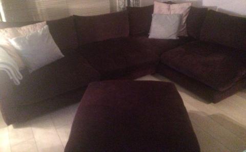 Corner sofa, pouffe & swivel chair