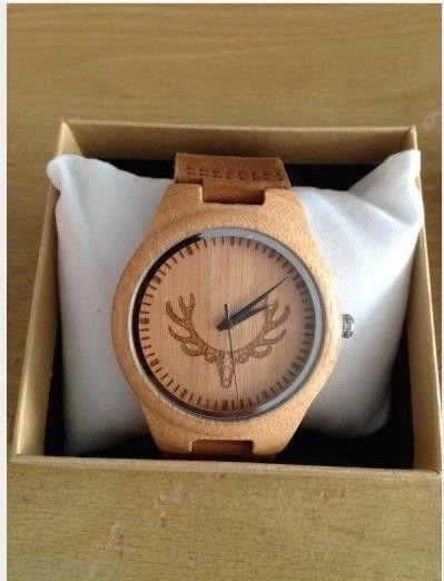 Bamboo Wood Watch with Cow Leahter Strap Quartz Analog