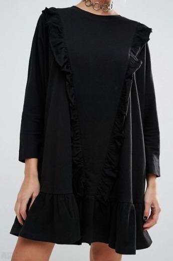 Black Cotton Dress with Frill Detail- Never Worn