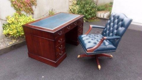 Chesterfield - Stunning Blue Leather Desk and Antique Chair