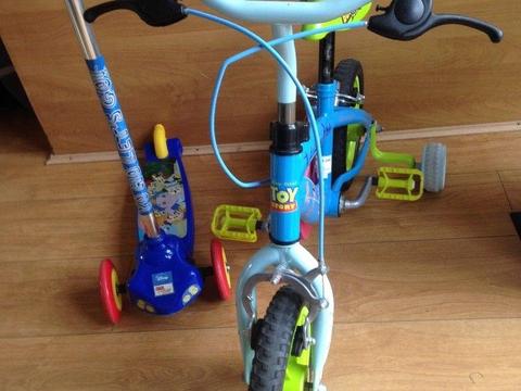 Toy Story bike and Jake and the Neverland Pirates scooter