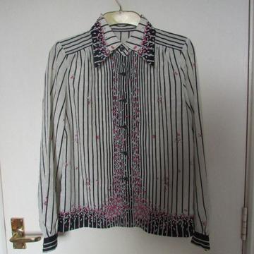 Black and cream striped blouse with coral pink pattern - size 10 UK/6 US/38 EU