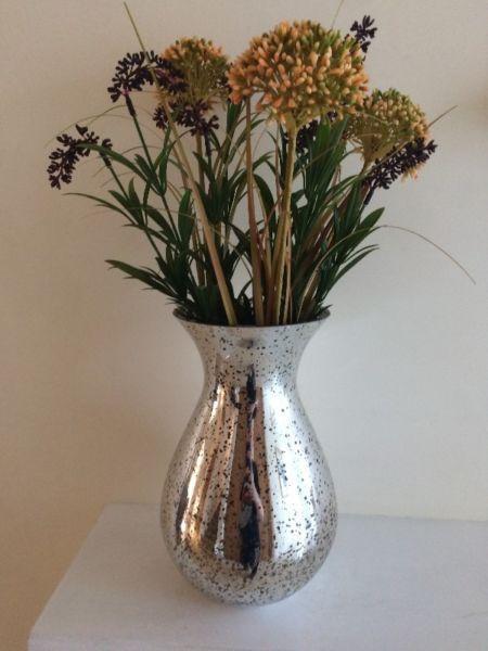 Distressed Chrome Vase with Artificial Flowers