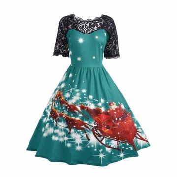 PLUS SIZE LACE PANEL FATHER CHRISTMAS DRESS - GREEN 18/26
