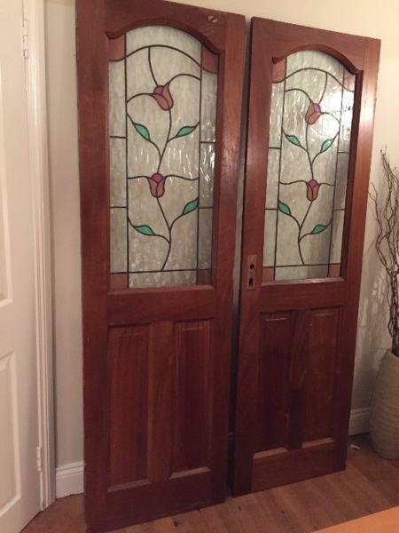 Brazilian mahogany doors (Matching set) with handmade stained glass panels (24”X78”)