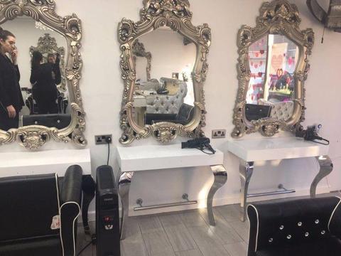 Salon mirror styling station unit workstation chairs white