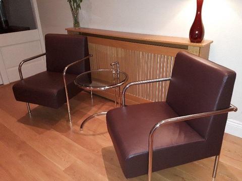 Two contemporary hall / living /TV room or office reception leather and chrome 'Red Apple' chairs