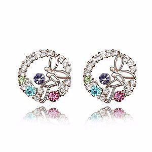 FLYING ANGEL IN THE FLOWERS AUSTRIAN CRYSTAL ROUND EAR STUDS - MULTICOLOUR