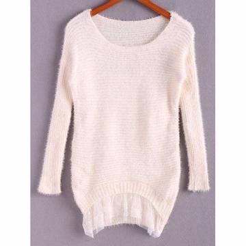 SCOOP COLLAR LOOSE FIT LACE HEM KNITTED SWEATER - WHITE ONE SIZE
