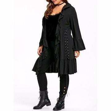 PLUS SIZE RUFFLE LACE UP GOTHIC COAT - BLACK 18/26