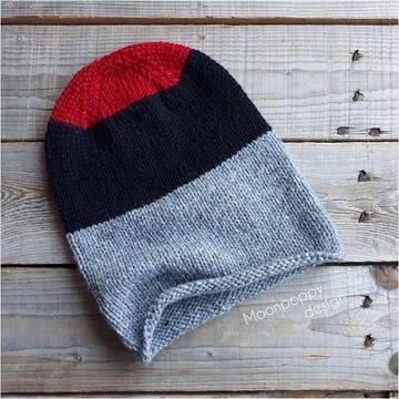 Slouchy hat, knit beanie, hand knit grey/ black/ red hat