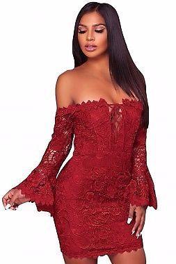 CROCHET OVERLAY OFF THE SHOULDER FITTED MINI DRESS 8/18