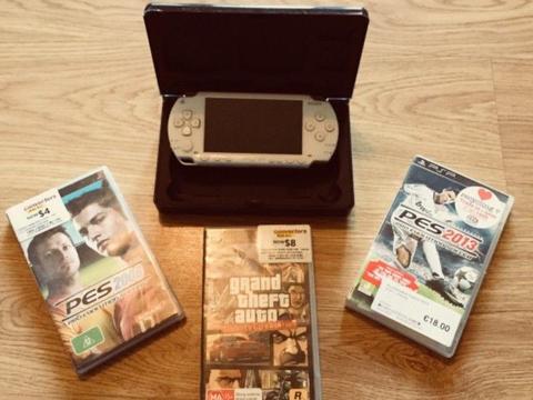 White PSP with travel box/games