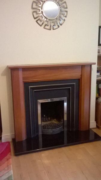 Cherry solid wood fireplace, incl backpanel, Hearth and cast iron grate