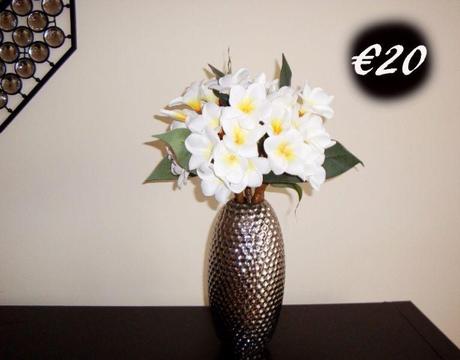 Silver vase with white FRANGIPANI flowers NEW