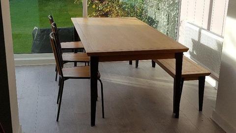 Solid Oak Table, Bench & 3 Chairs
