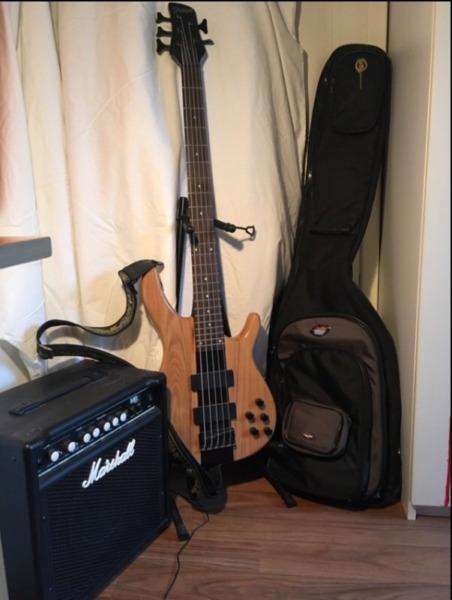 5-String Electric Bass, Marshall Amp, Bass Bag combo