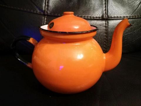 Vintage orange enamel tea pot