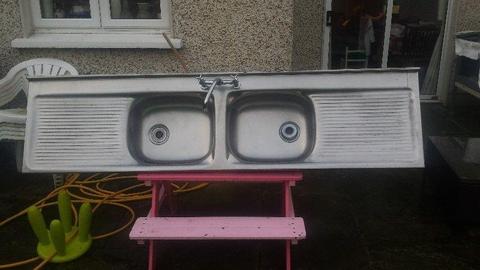 Double kitchen sink for sale. Used. Stainless steel. Also mixer tap attached
