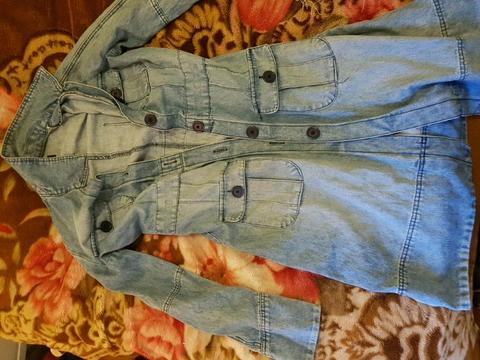 Long denim jacket with button up