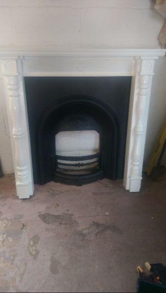 fireplace mantel pure oak .cast iron back , fire guard ,complete
