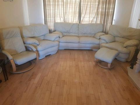 Sofa suite cream leather 3+1+1. Recliner &stool