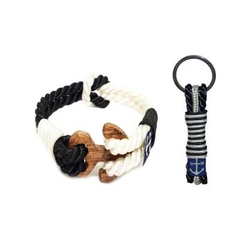 Bran Marion Twisted Dark Blue and White Wood Nautical Bracelet and Keychain