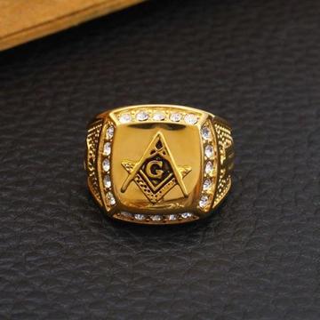 fashion gold titanium steel finger ring rhinestone free mason logo jewellery gift for men