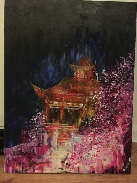 Japanese landscape pagoda painting acrylic abstract