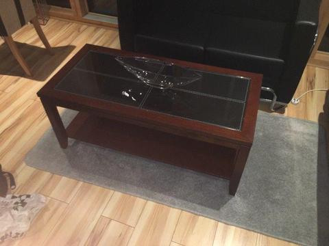 Wood and glass coffee table and end table