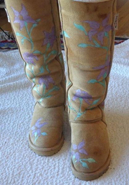 Beautiful Unique Flower Patterned Celt Sheepskin Boots - In Great Condition!