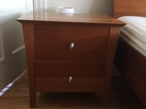 2 wooden bedside lockers and larger than king size bed frame