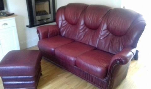 Real Leather 3 Seater Sofa & Foot Stool