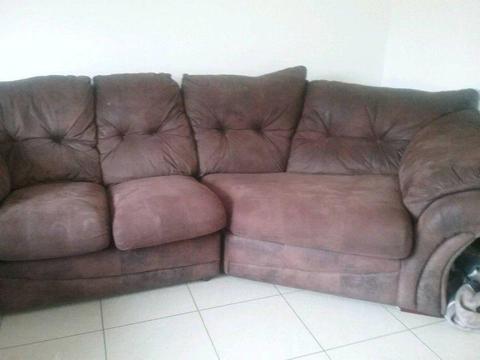 Large 5 seater curved brown suede couch and armchair