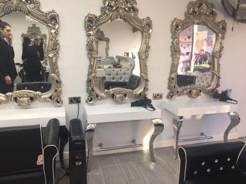 Salon package - 4 salon chairs, 4 mirrors ornate, 4 x dress out tables, 1 x reception desk counter