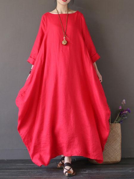 L-5xl women casual loose pure colours baggy 3,4 sleeve maxi dress