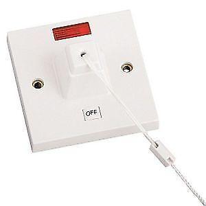 White Square Ceiling Shower Pull Cord Switch with Pullcord & Neon 45A