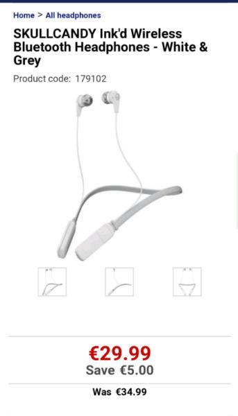 SKULLCANDY Ink'd Wireless Bluetooth Headphones - White & Grey