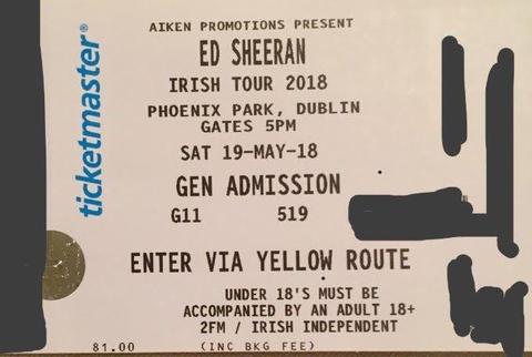 Selling 2 Ed Sheeran Tickets for 19 May 18. Phoenix Park