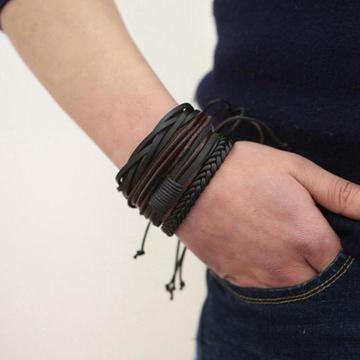 Vintage adjustable braided leather multilayer wrap weave unisex bracelet