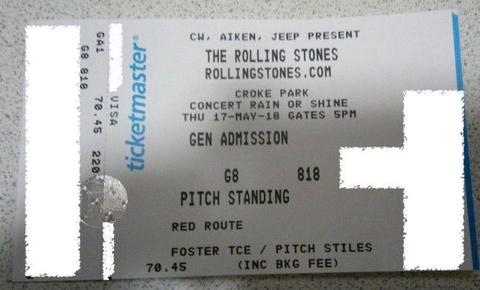1x The Rolling Stones Concert Ticket - Pitch Standing - Croke Park - 17th May 2018