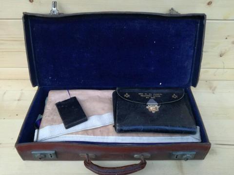 Vintage leather case with freemason items